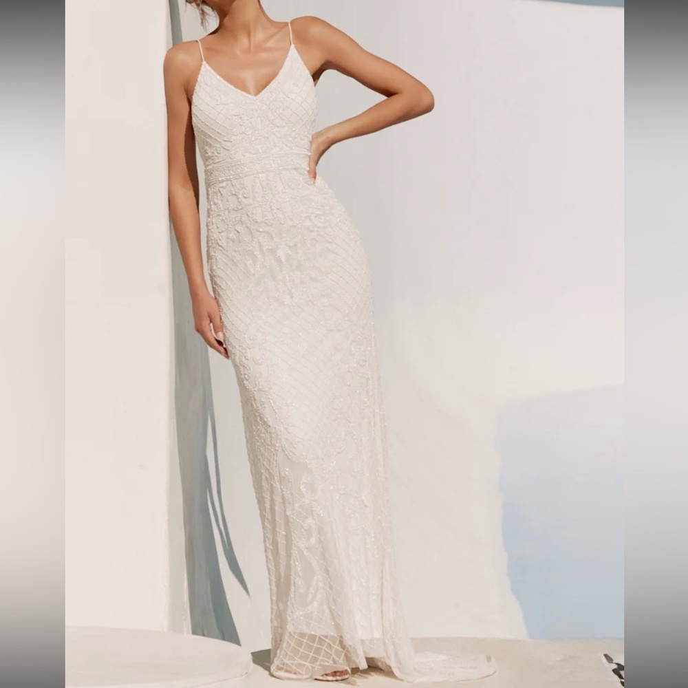 Lulu's Ivory Beaded Maxi Slip Dress